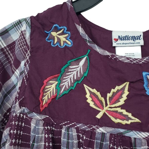Vintage National Burgundy Plaid Embroidered Fall Leaf Dress Boho Teacher Outfit - Picture 4 of 12